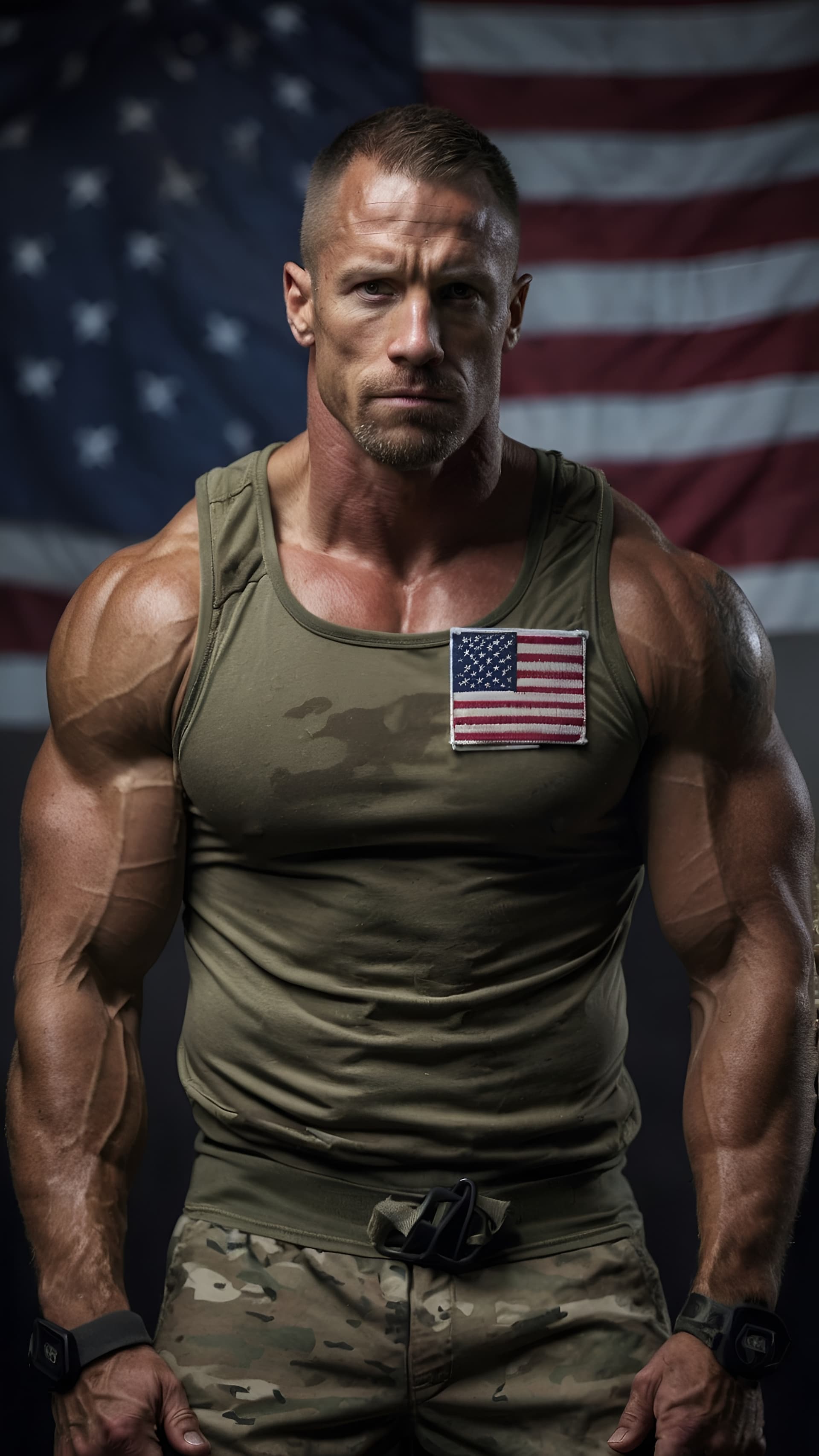 AI generated: ADAPTIVE FITNESS ATHLETE MILITARY STYLE PATRIOTIC doing crossfit this will be used on a flyer so mak...