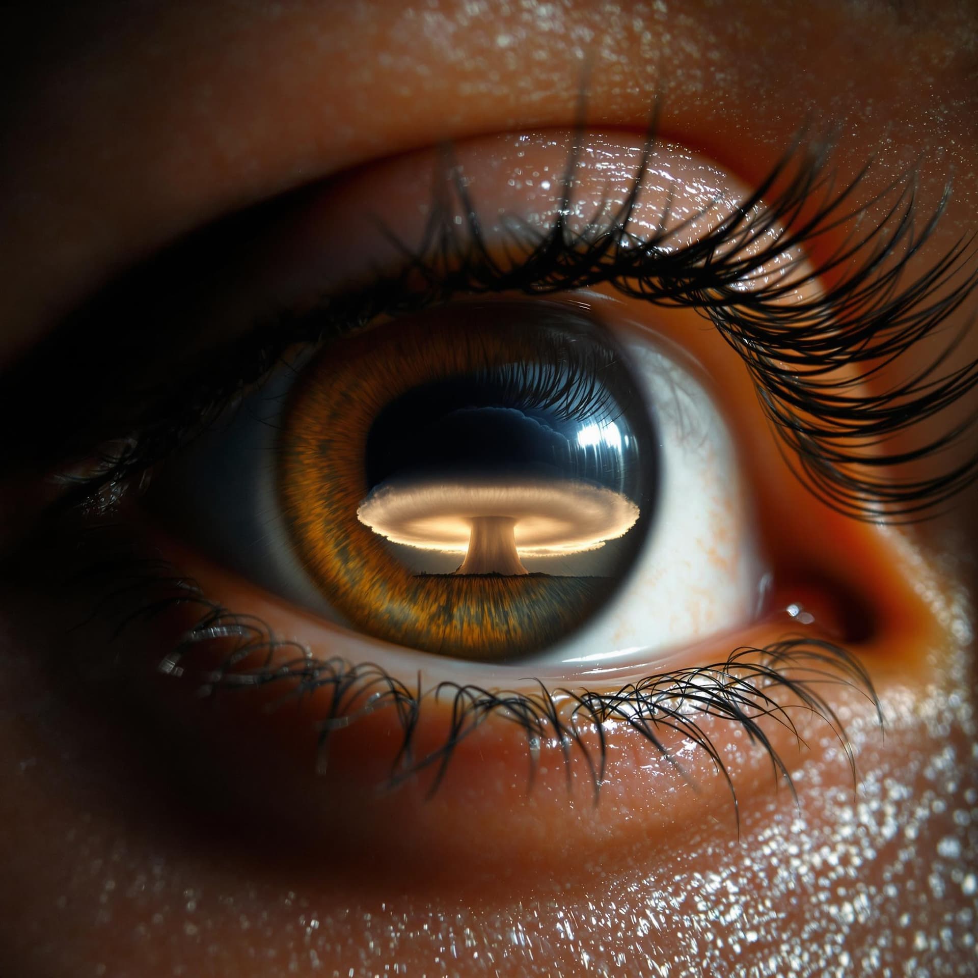 AI generated: Close up of a human eye, hazel in color. Reflected in the pupil is a mushroom cloud
 at night

