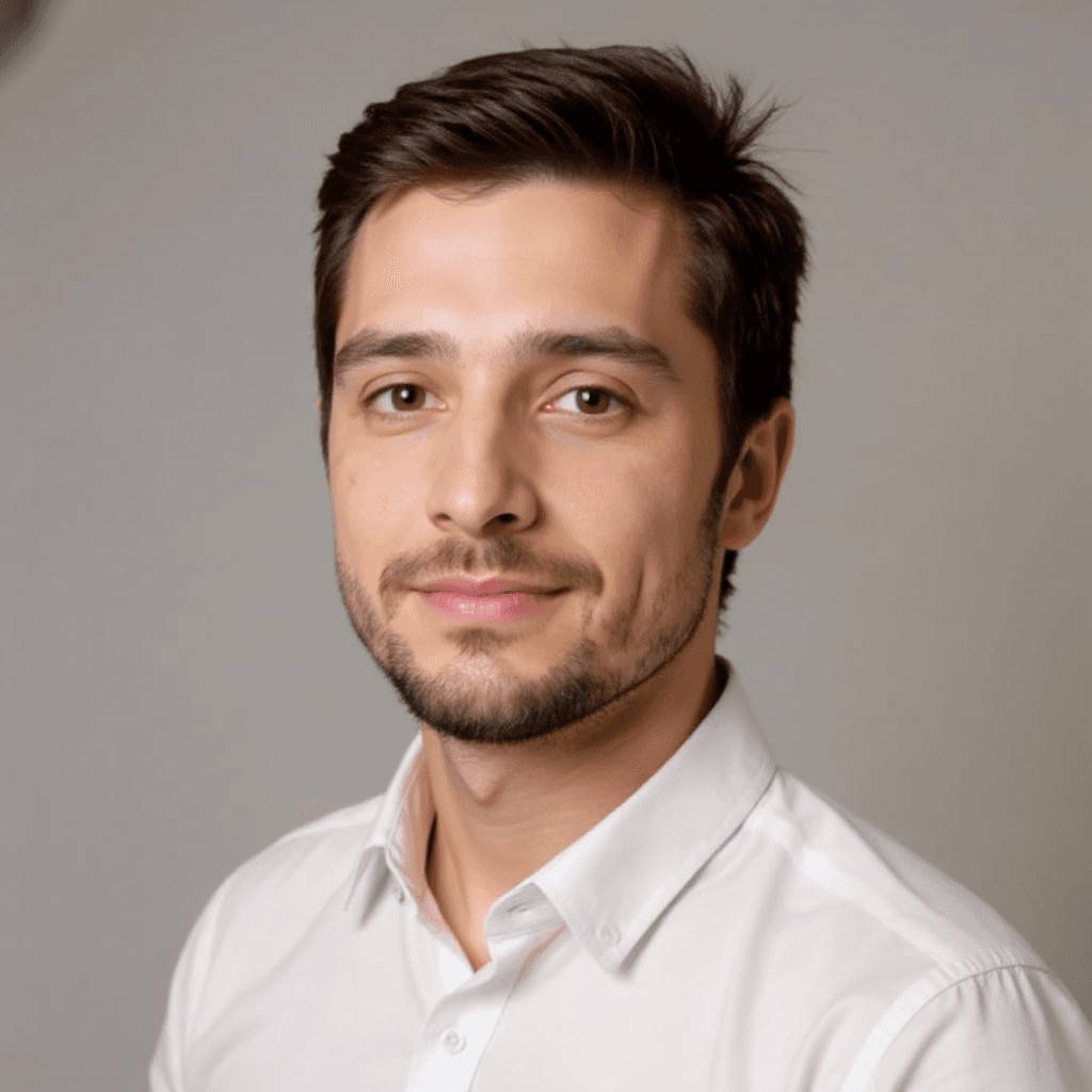 AI generated: Re-signify this photo, keep the man in his real facial proportions but in a serious minimalist photo...