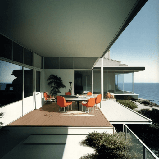 AI generated: Hyper realistic eye level exterior photo of a mid century modern style house overlooking the ocean, ...