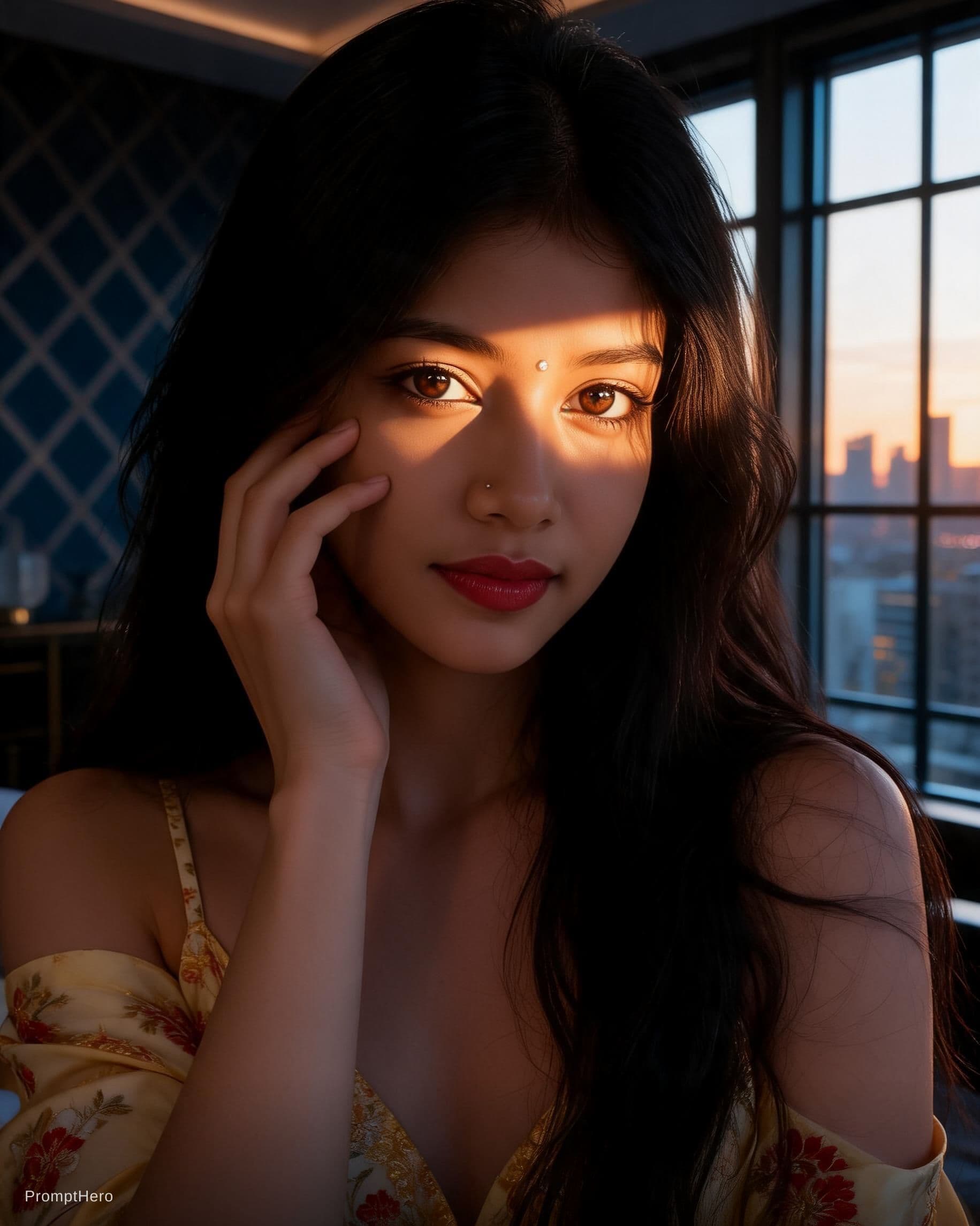 AI generated: A cinematic photorealistic boudoir portrait of a beautiful Asian woman kneeling on a bed. She is wea...