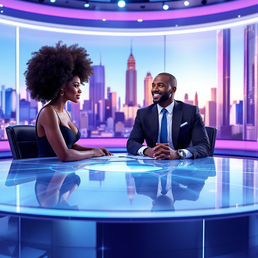 AI generated: Acrylic image of afro american female and male androids news casters sitting at the news desk

