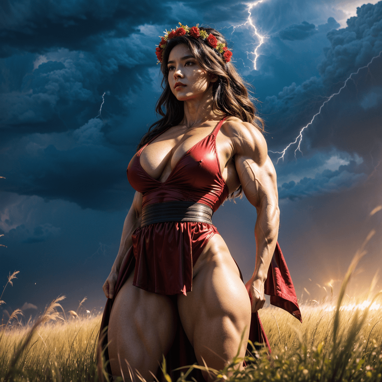 AI generated: A young goddess with long wavy hair, standing in a flower field of tall grass. She is wearing a dark...
