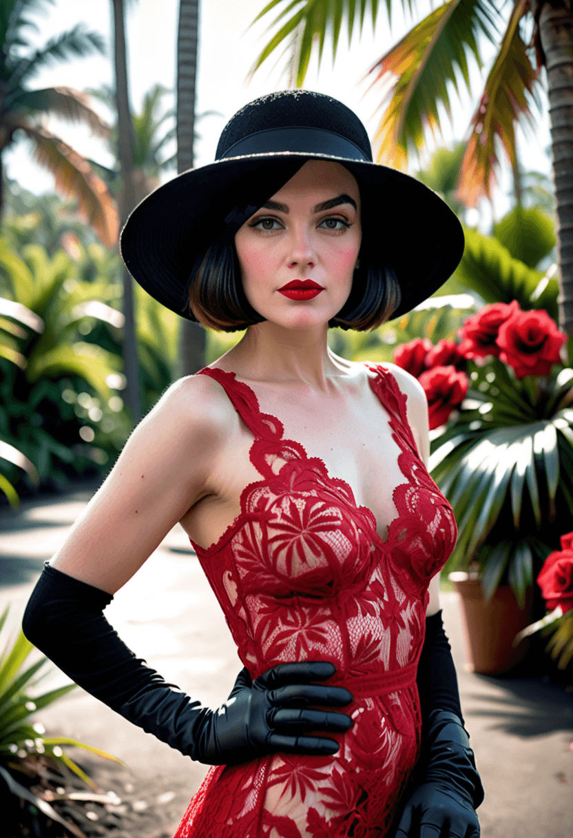 AI generated: photograph of a woman with a-line bob haircut, wearing a (red lace dress:1.1), (black hat:1.2), (bla...