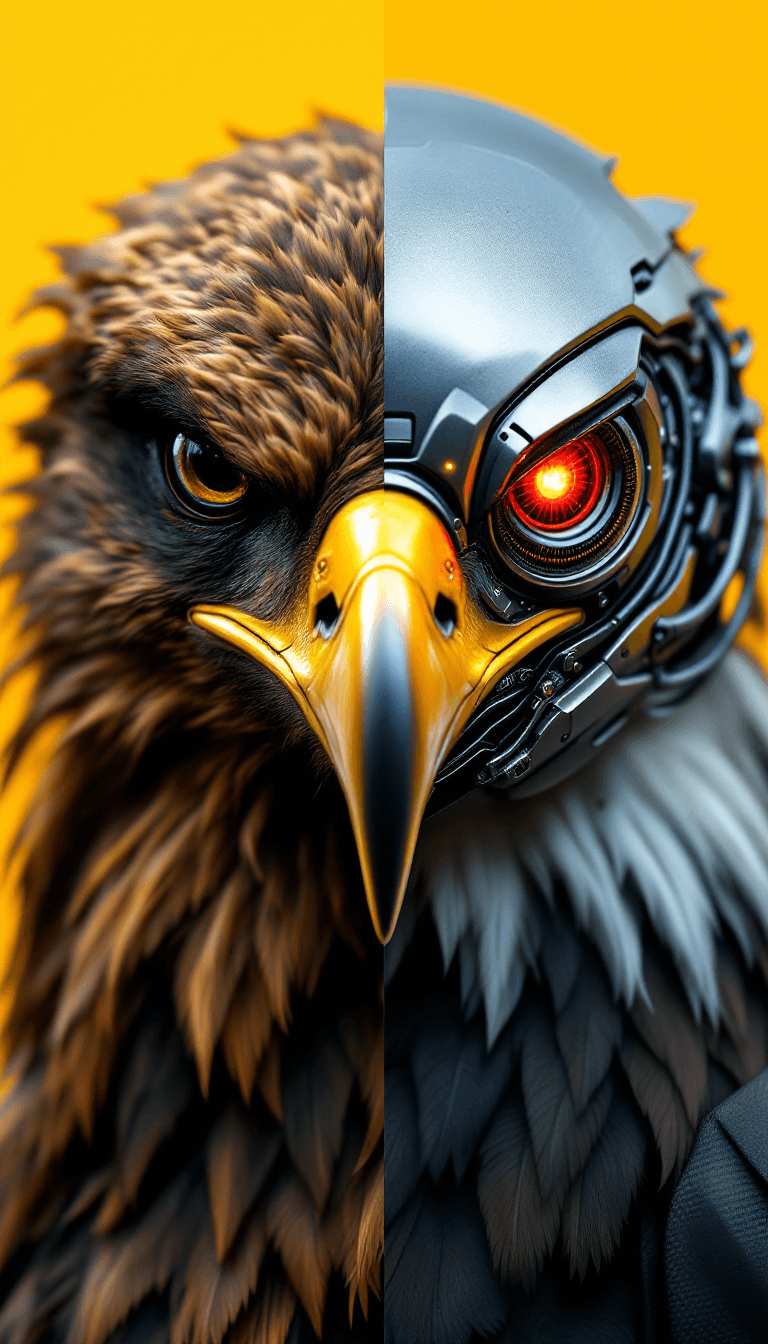 AI generated: "A hyper-realistic, front-facing portrait of a half-eagle, half-cybernetic creature set against a bo...
