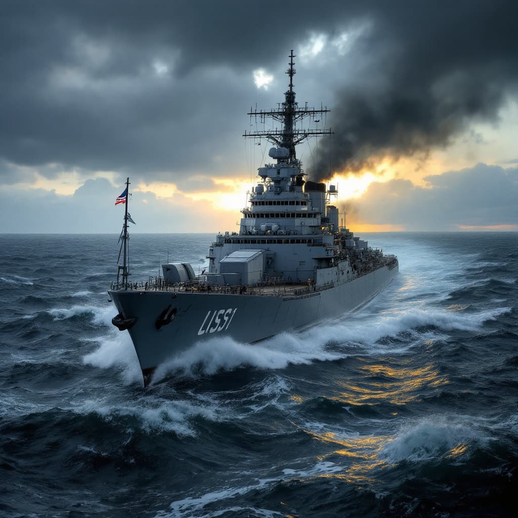 AI generated: professional photo of the USS Racine (LST-1191, on the high seas, during ruff weather,  8k, (high re...