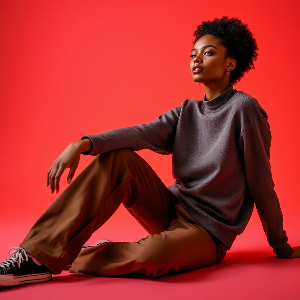 AI generated: wide and low angle, cinematic, fashion photography for the brand Uniqlo. Woman sitting on floor wear...