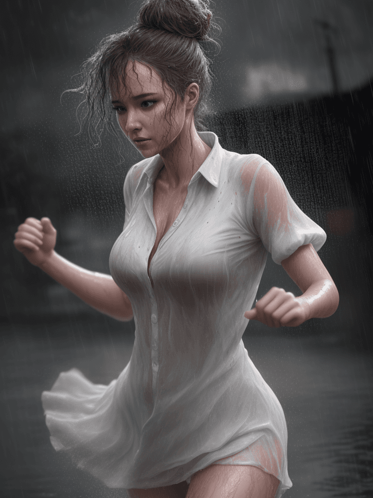 AI generated: A beautiful lady dancing in heavy rain, face and body are wet, messy bun hair 32k UHD, highly detail...