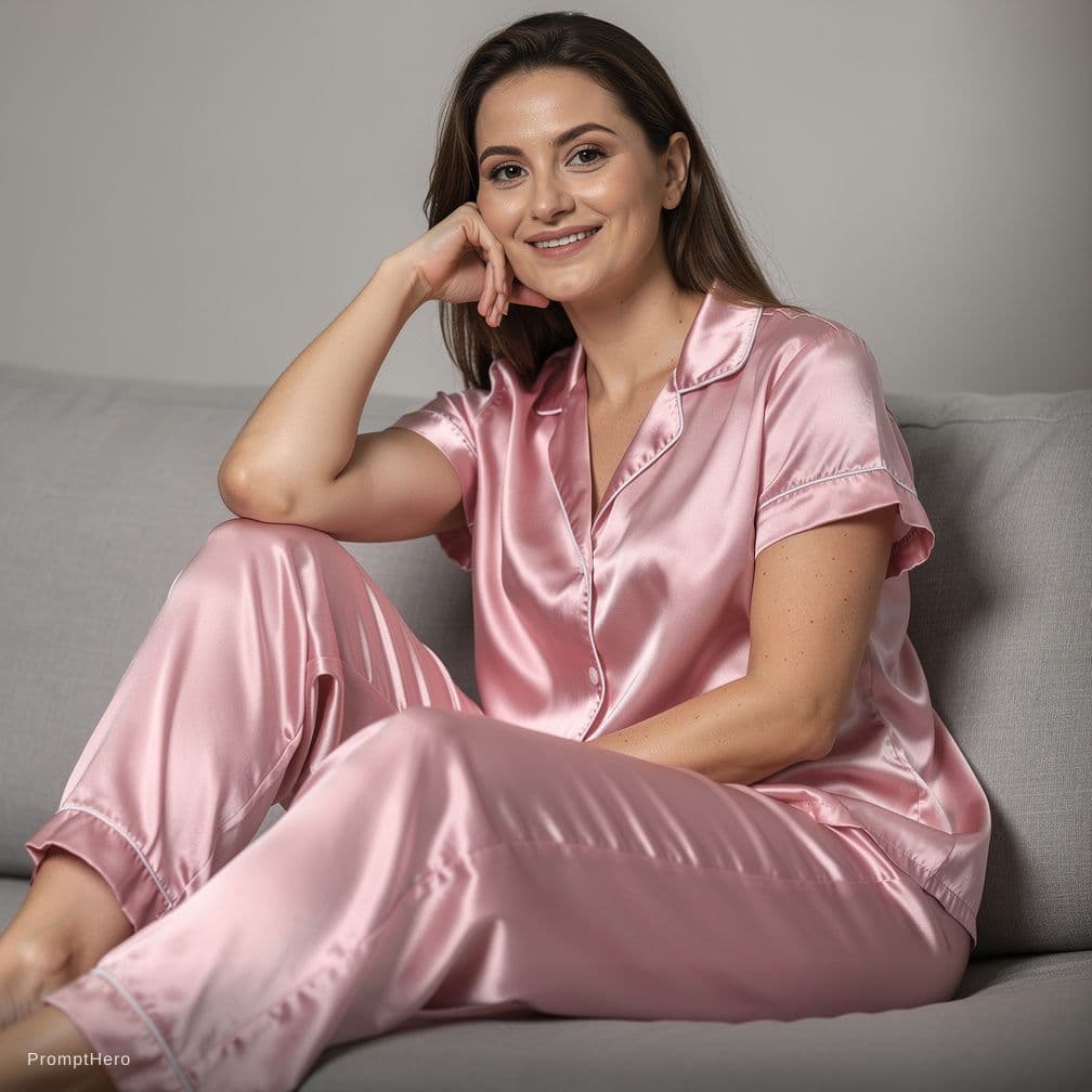 AI generated: Enhance the crotch area of the pink satin pajama pants to show a clearly pronounced, puffy and natur...