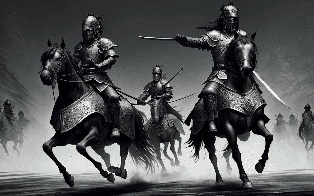AI generated: Ink painting style of ancient China, a general riding a horse followed by soldiers, marching on the ...