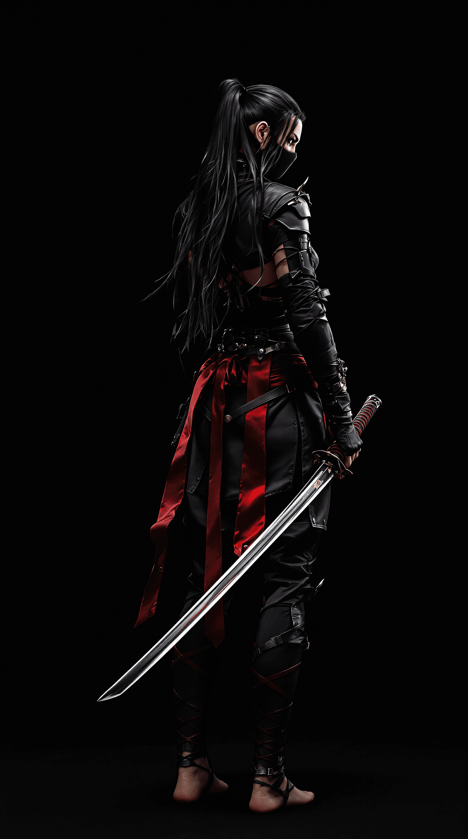 AI generated: Full body view of Female shinobi looking back, shot from behind, masked, visible long black hair, wi...