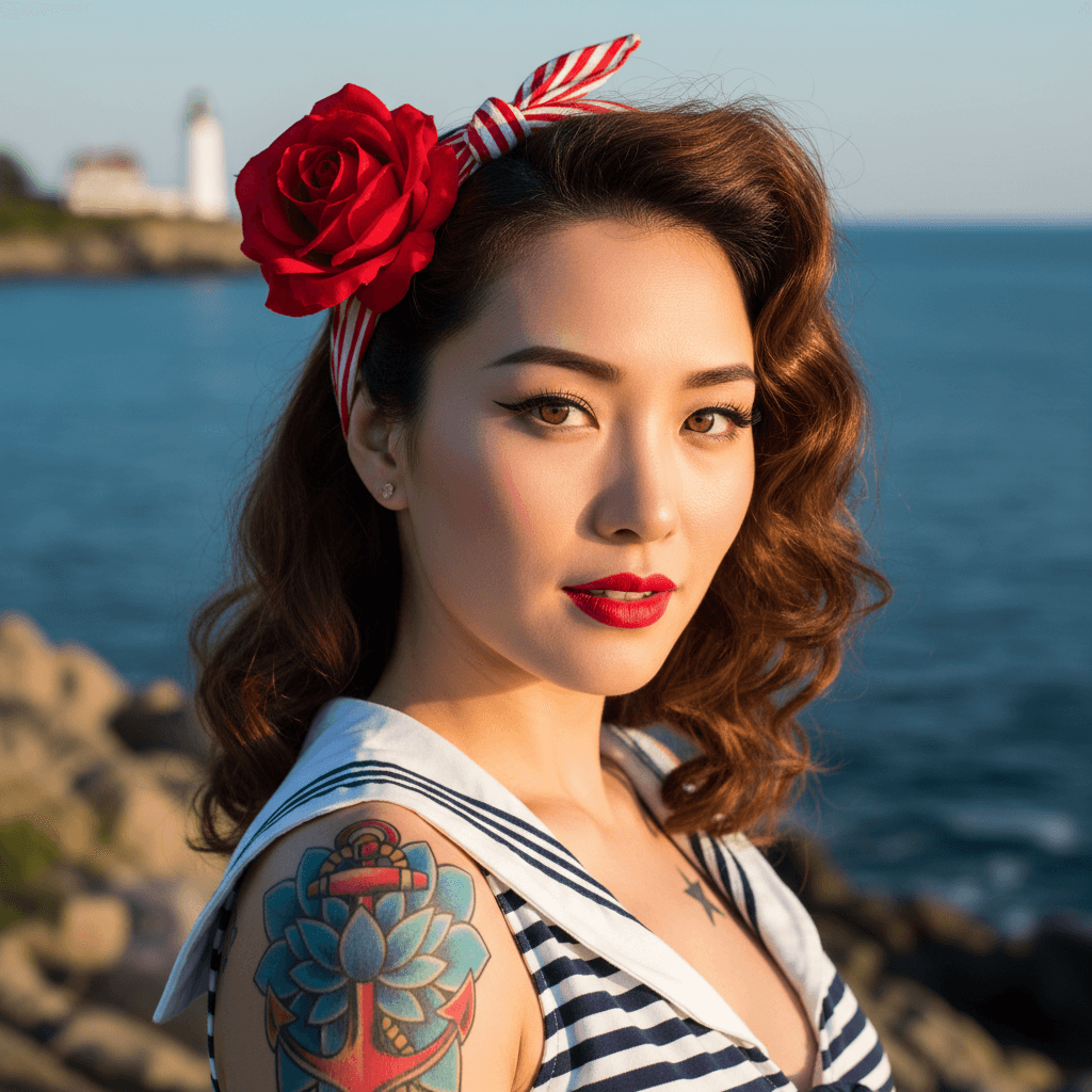 AI generated: award-winning photo, ultra-realistic portrait of a stunning 1950s pin-up korean girl, flawless skin,...