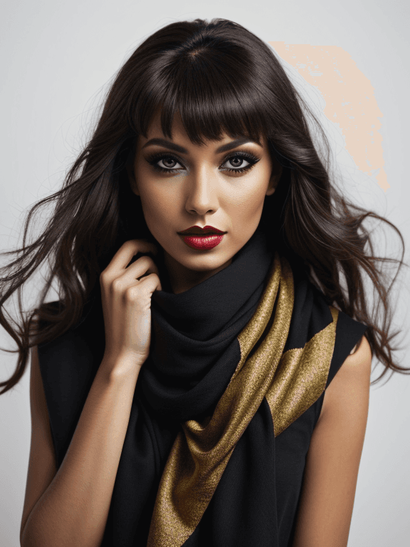AI generated: breathtaking portrait of a gorgeous girl,sultry,red scarf,dark gold and black,gossamer fabrics,jagge...