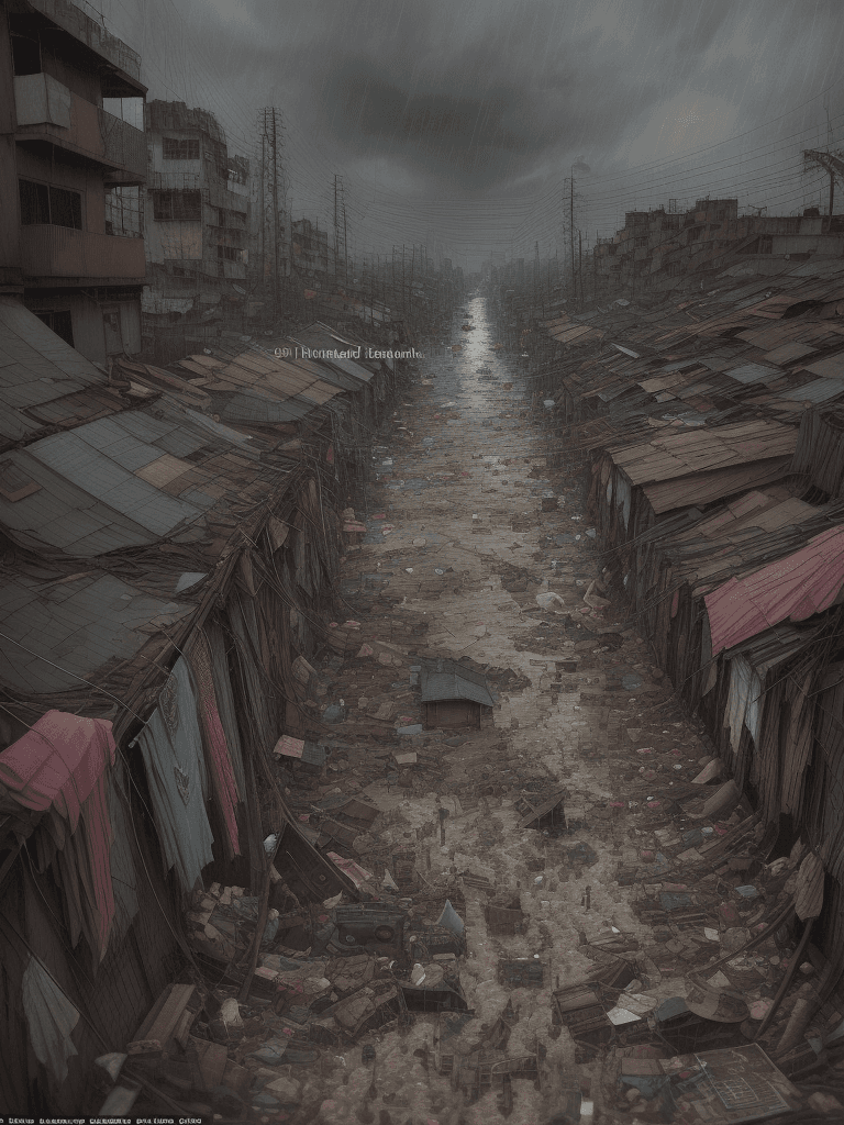AI generated: A heavy storm and flooding of a slum area,iconic album covers,
rain,typhon,
litter,intricate detail,...
