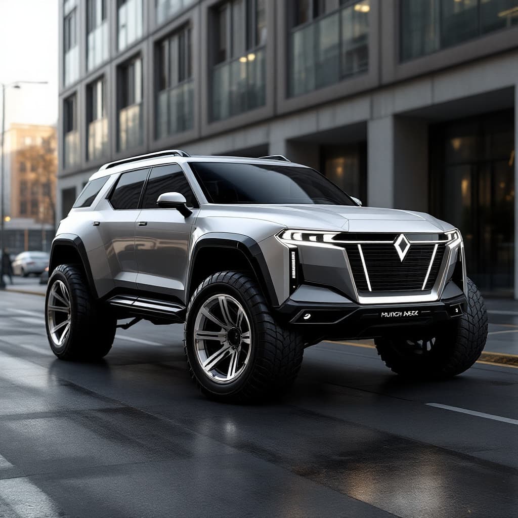 AI generated: a concept suv that looks like a hunch back car
 with 50 inch mag 
wheels