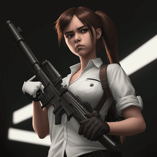 AI generated: a girl with white shirt and gun, in the style of comic book-style art, rendered in maya, junglecore,...