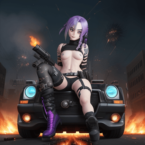 AI generated: Jinx, on top of a police car, explosions behind her, fire, chaos, minigun, far view, bullet hell, <l...
