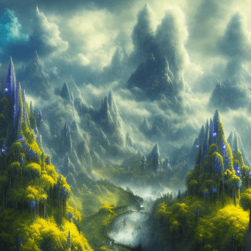AI generated: Fantasy world, atmosphere dominated by blue green and yellow, cypress trees reaching to the clouds, ...