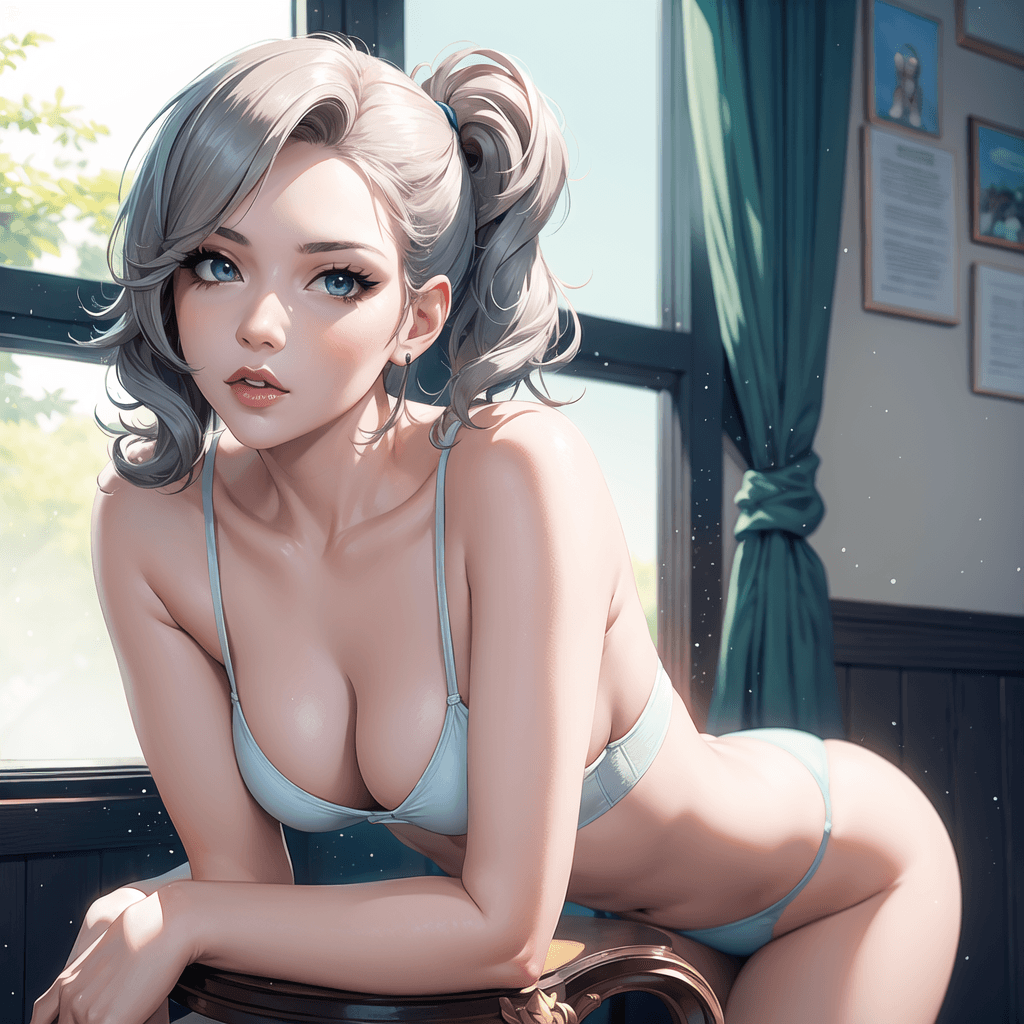 AI generated: masterpiece,(((distant))), mercy overwatch,bend over a chair backview, grey curly hair, super sexy d...