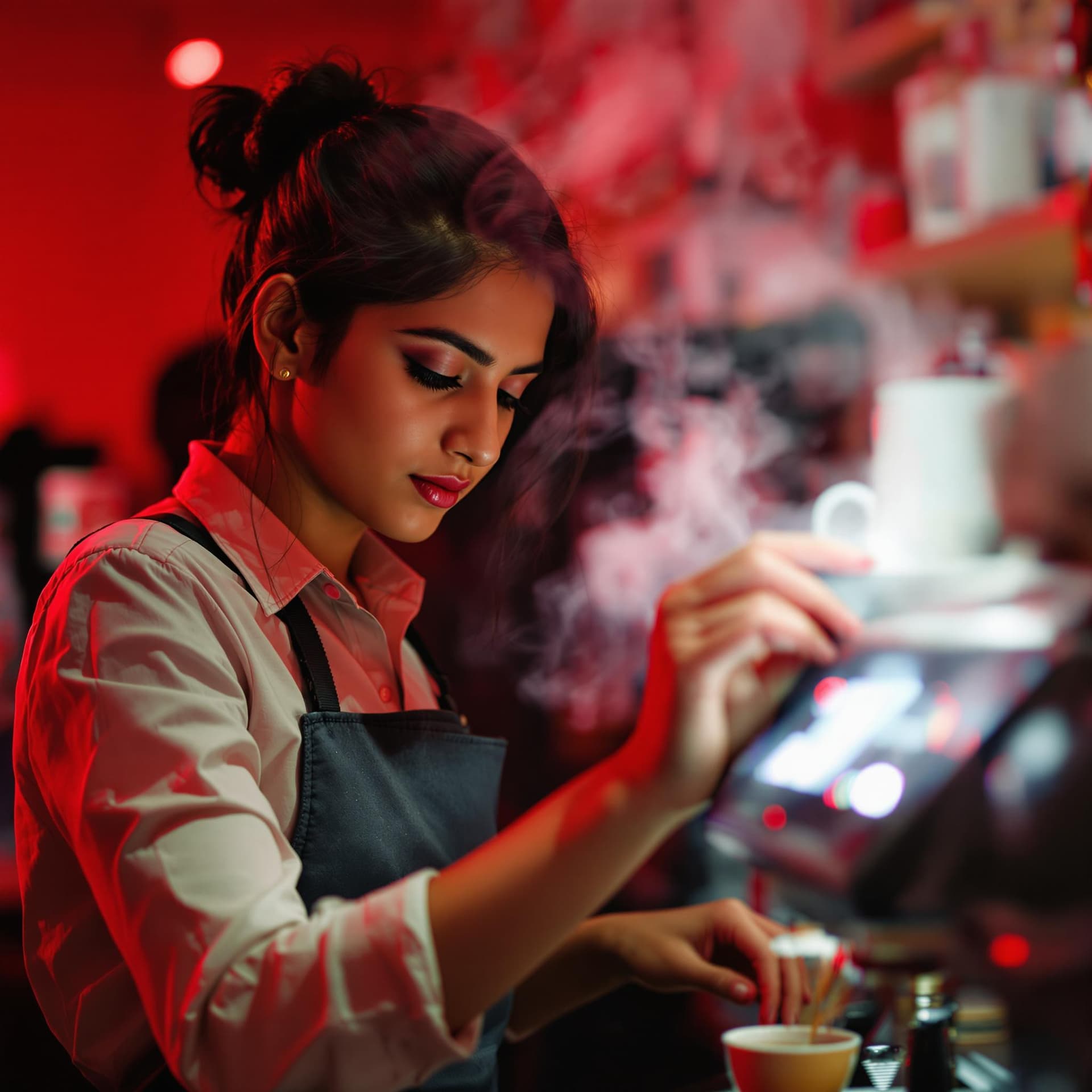 AI generated: The image presents a young Indian woman in a vibrant, atmospheric setting, presumably a coffee shop,...