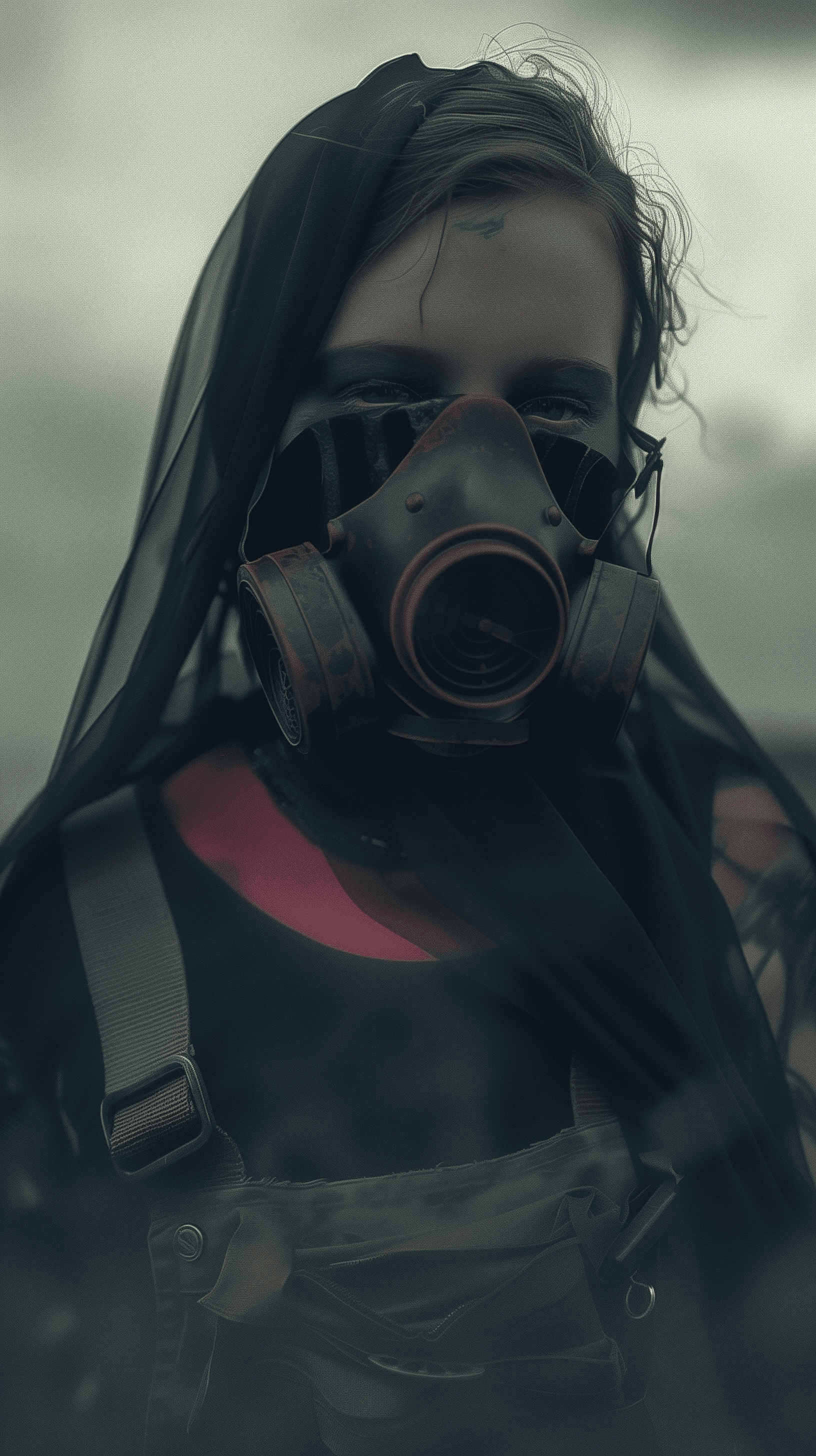 AI generated: Full body height shot. A post-apocalyptic cyberpunk girl with long dark hair and black eye makeup we...