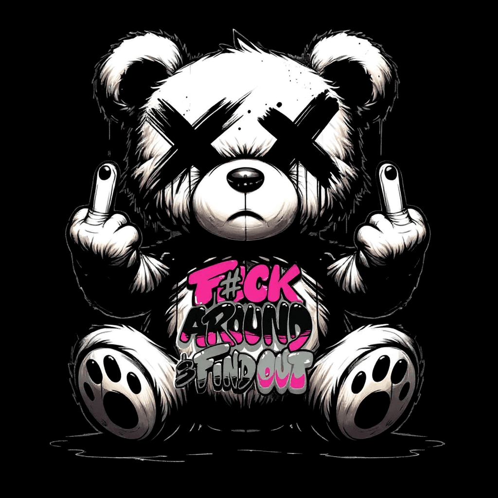 AI generated: High-quality DTF print design, front view, a gritty teddy bear sitting down, dark grunge aesthetic. ...