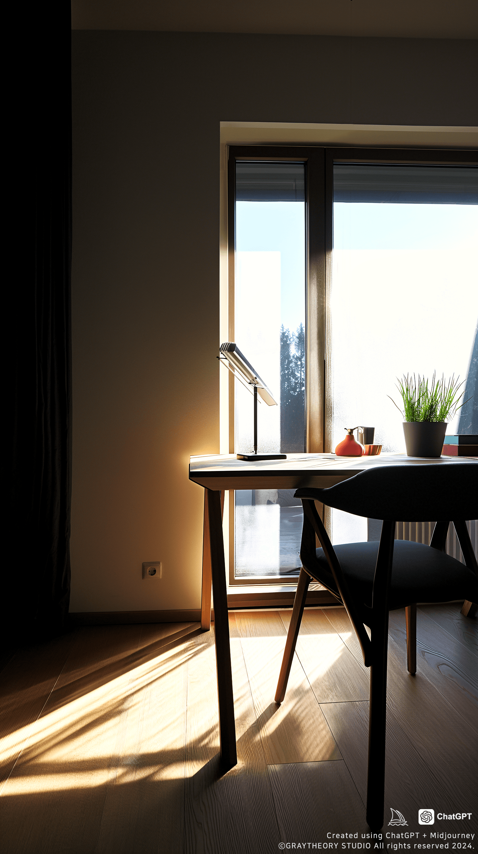 AI generated: A cozy Scandinavian home office, natural oak desk, ambient lighting from a floor-to-ceiling window, ...