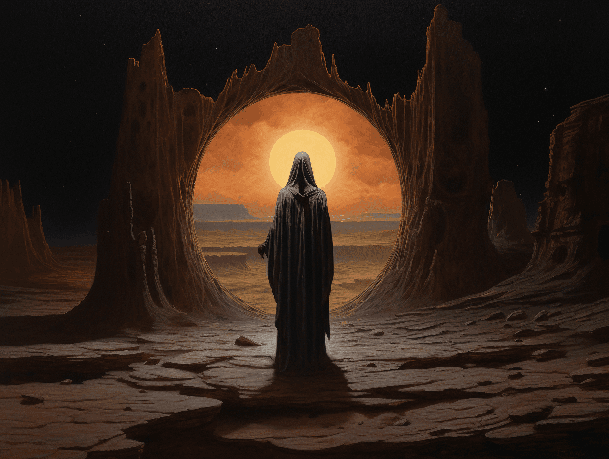 AI generated: A skeleton figure wearing white robes standing in front of an ancient black hole, in the style of Al...