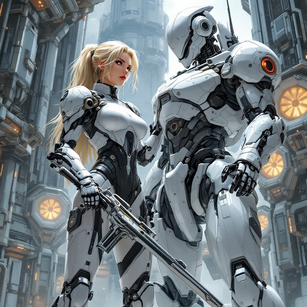 AI generated: A full body shot of a European blondie female warrior in an armored suit stands next to her robot, h...