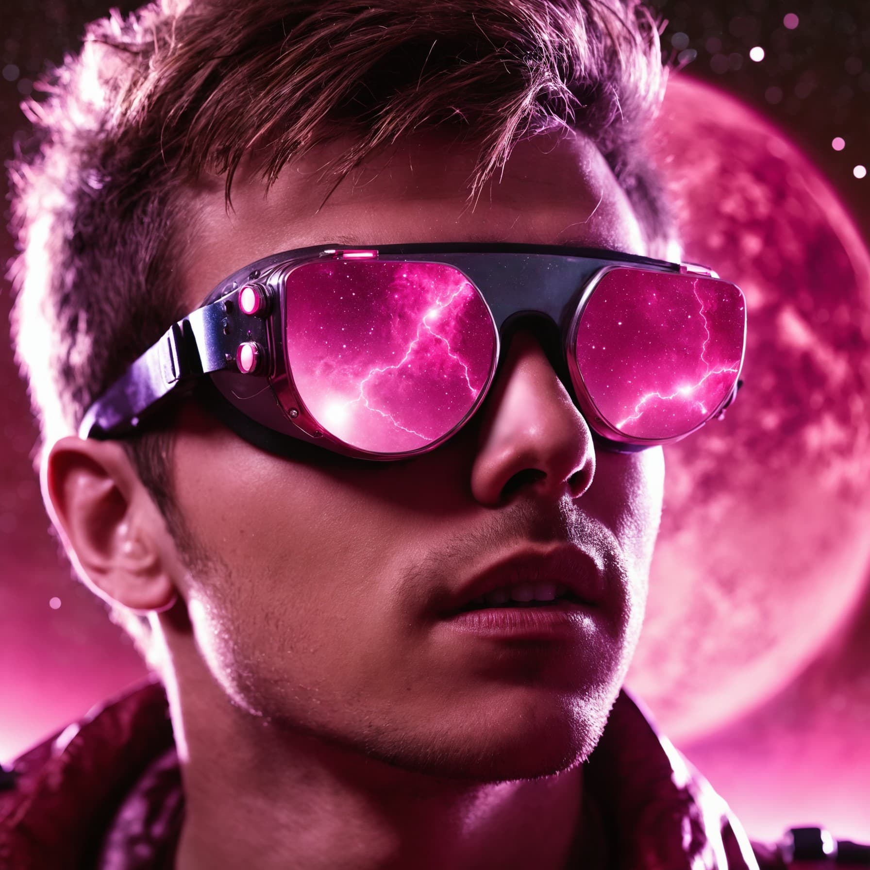AI generated: a cool young man wearing 3d-glasses reflecting incoming meteors on a pink planet, (((close-up))), pe...