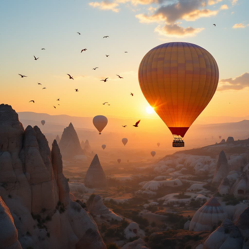 AI generated: 
realistic soft image of sunrise in cappadocia, close up hot air baloon, birds flaying behind