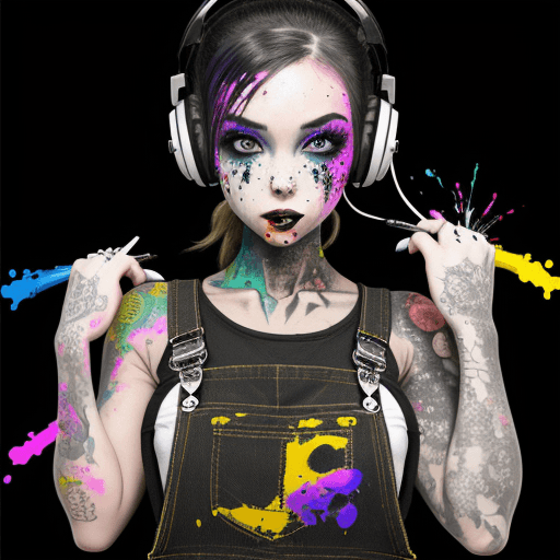AI generated: beautiful girl wearing tank top and overalls covered in ( paint color)with tattoos wearing headphone...