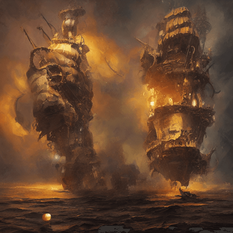 AI generated: oil painting with heavy impasto of a pirate ship and its captain, cosmic horror painting, elegant in...