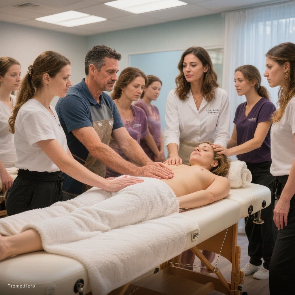 AI generated: Take a photo of a massage room where a group of students are being trained in massage techniques, sh...