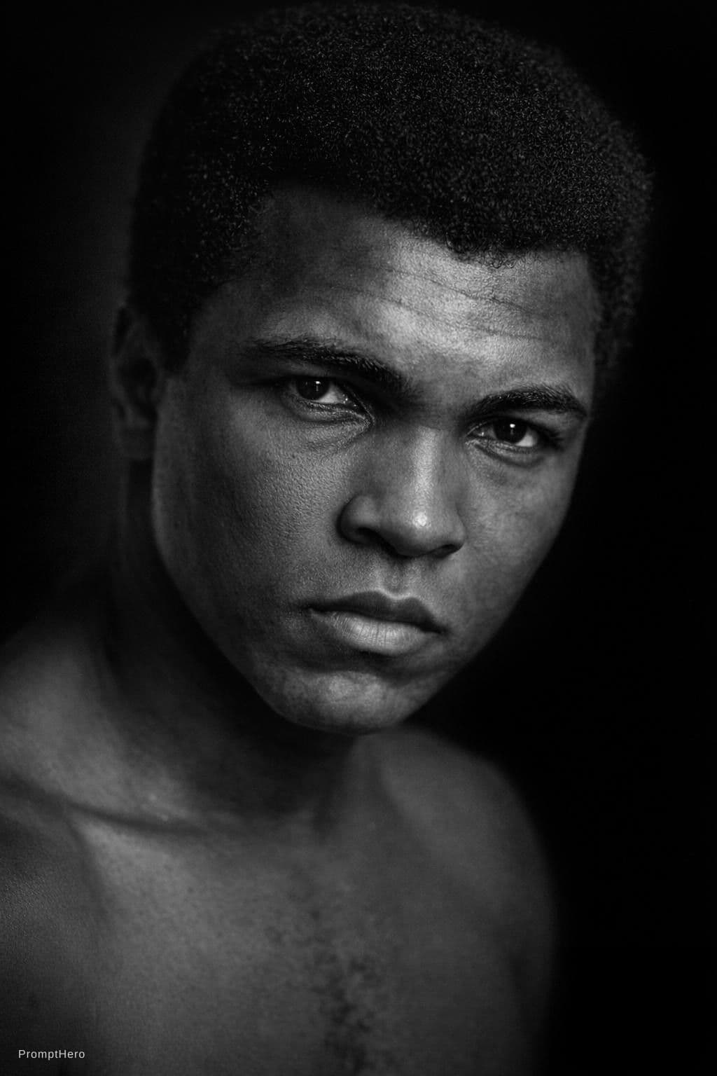AI generated: Ultra-realistic black and white cinematic portrait of Mohammed Ali, dramatic side lighting, deep sha...
