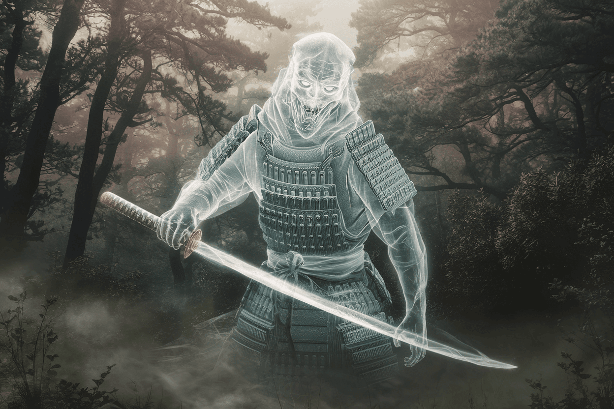 AI generated: A ghost samurai, his spectral form emerging from the misty depths of a dense forest. His ethereal ar...