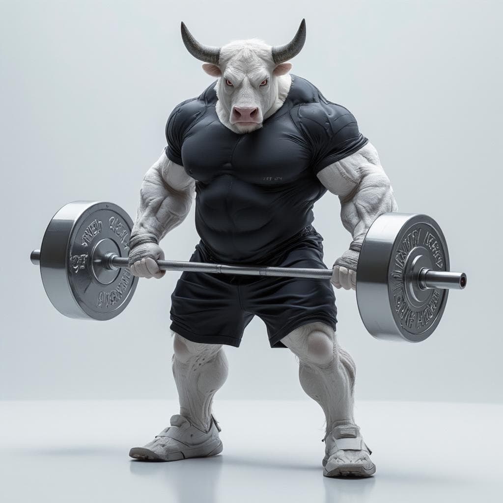 AI generated: White Nelore bull, anthropomorphic adult cattle, a Weightlifter, very strong, doing a lot of strengt...