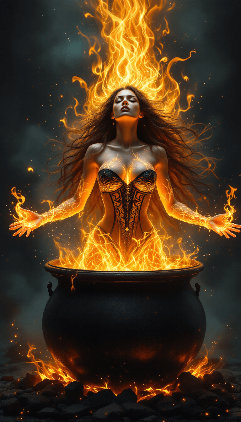 AI generated: A powerful mystical woman rising from a large, ornate black cauldron, her body and dress intricately...