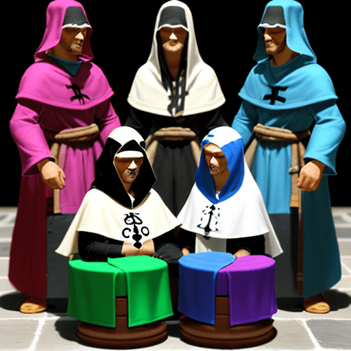 AI generated: personas, ajedrez, personas atractivas, cosplay de piezas de ajedrez, estilo medieval, runas, escrit...