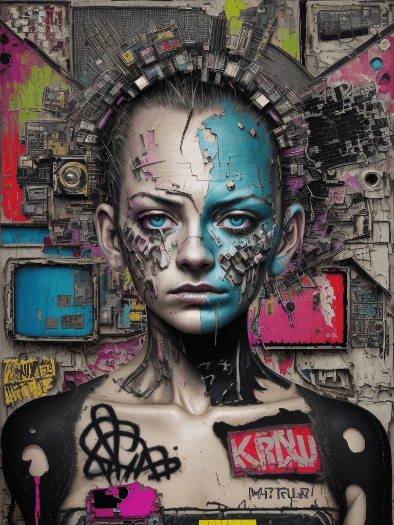 AI generated: Ultra detailed medium portrait painting, computer monitor head with human body, torn up punk poster,...