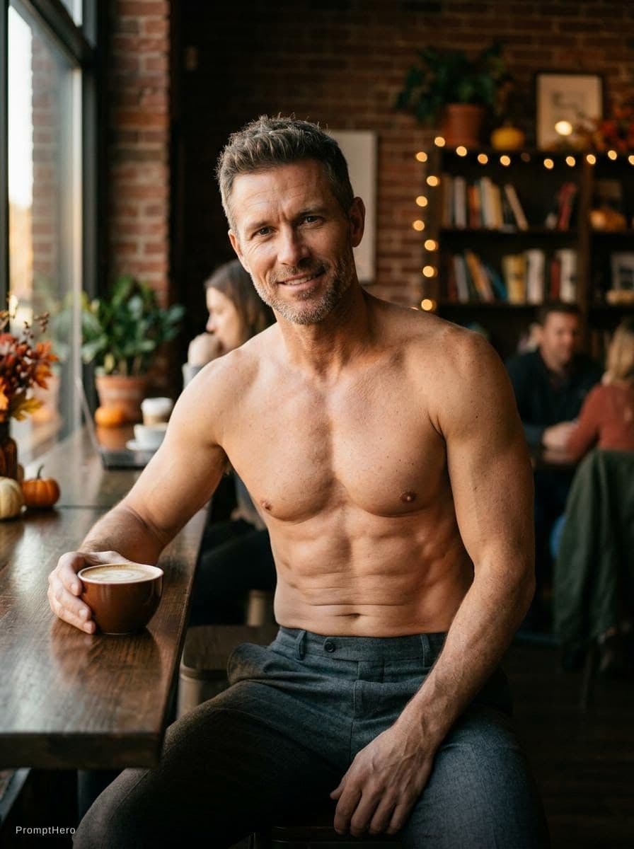 AI generated: Ultra-realistic editorial portrait of a rugged, strikingly handsome mature man in a cozy autumn coff...