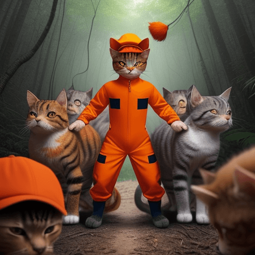 AI generated: Generate an image of a small, determined cat standing on his feet in the middle of a dense forest. T...