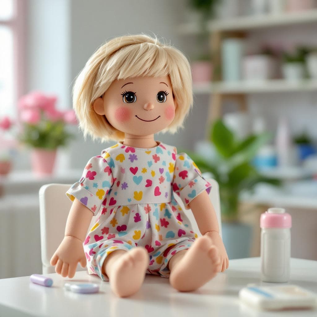 AI generated: A 50 cm tall educational rag doll designed for children to learn about blood tests. The doll has a s...