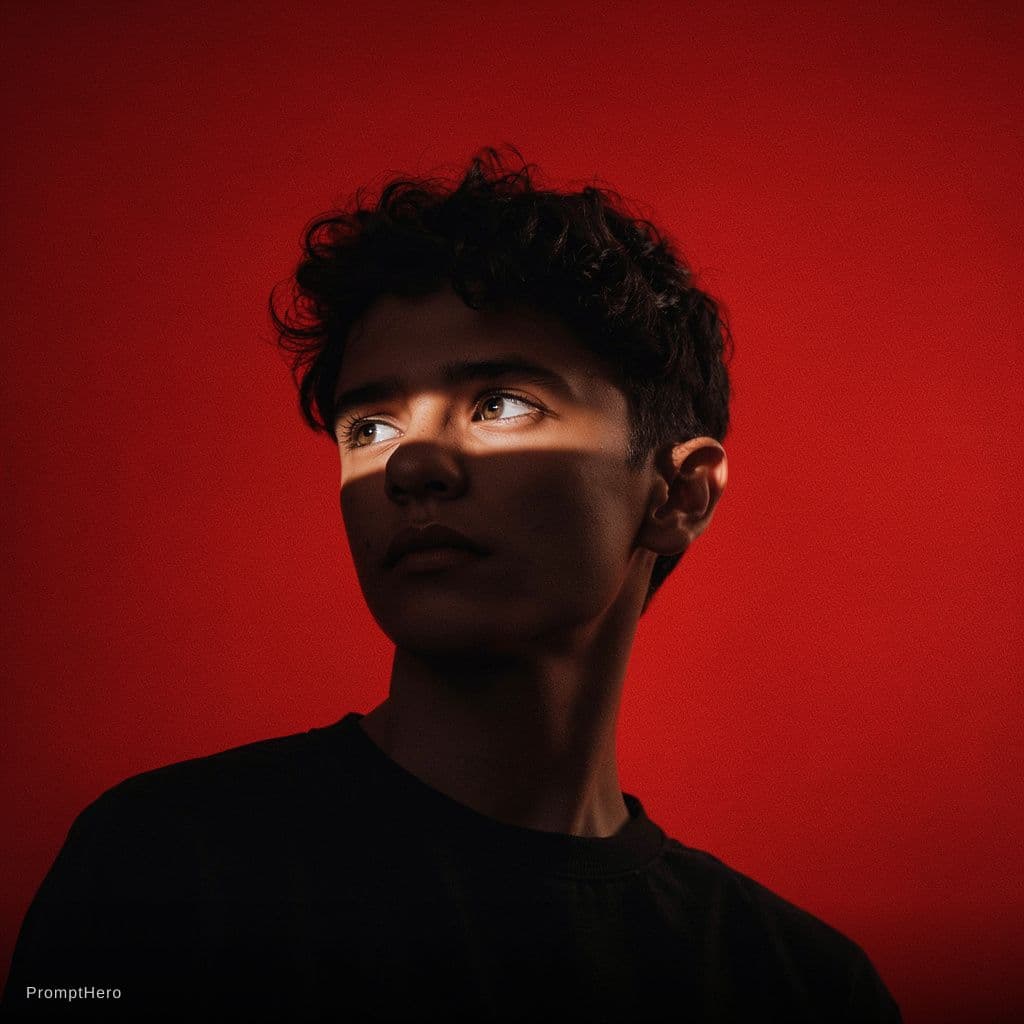 AI generated: Ultra-realistic studio portrait of a young man against a bold solid red background, upper-torso fram...