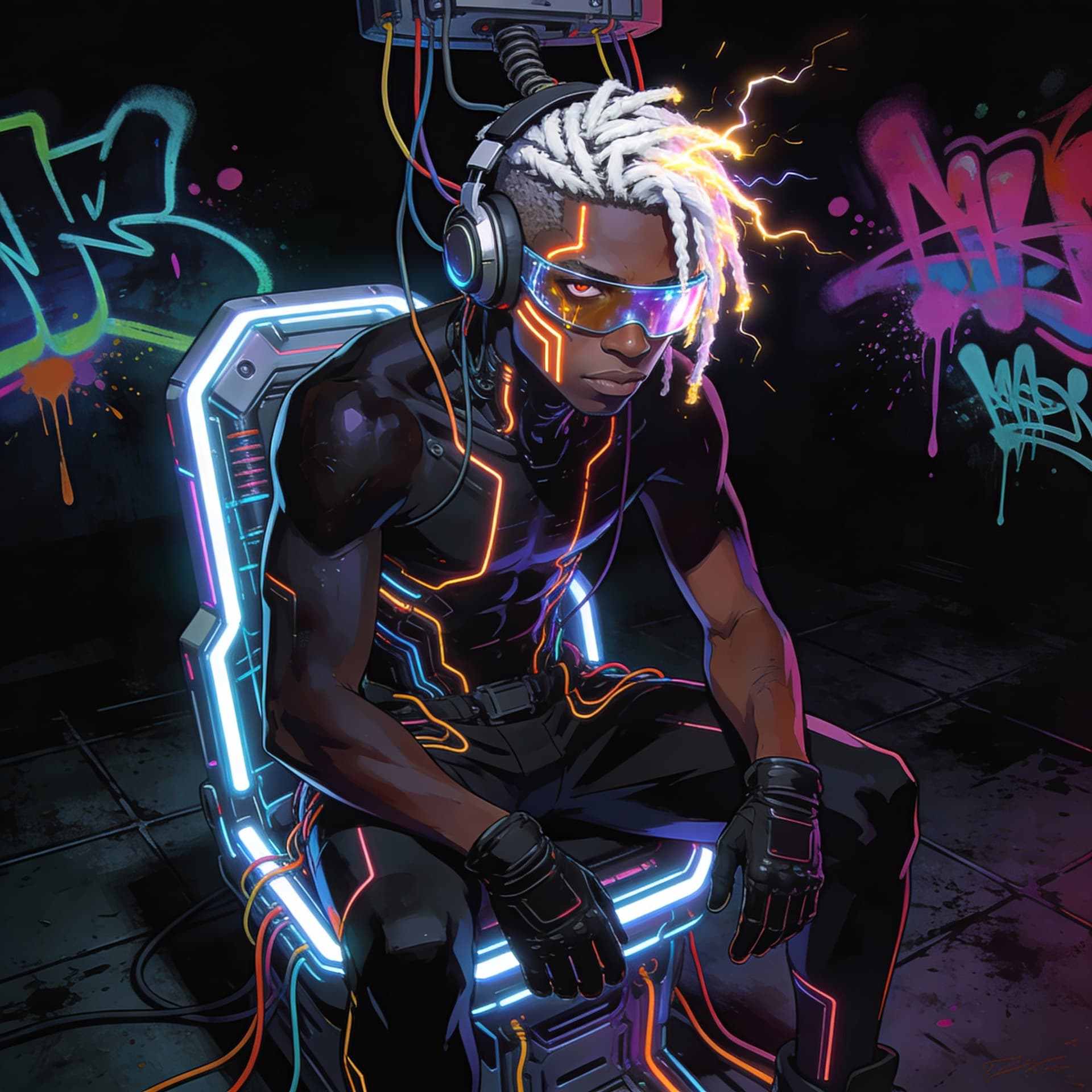 AI generated:  A full-body 3D anime style illustration of a futuristic cyberpunk African American male, his skin i...
