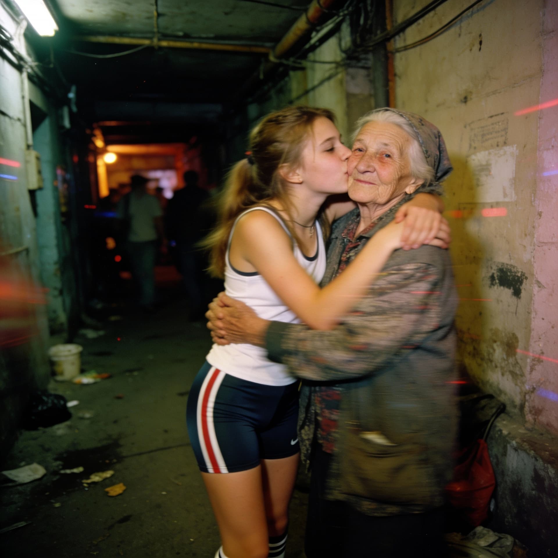 AI generated: A low-quality photo taken with a 2009-era mobile phone at a dirty russian alley. The scene is set in...
