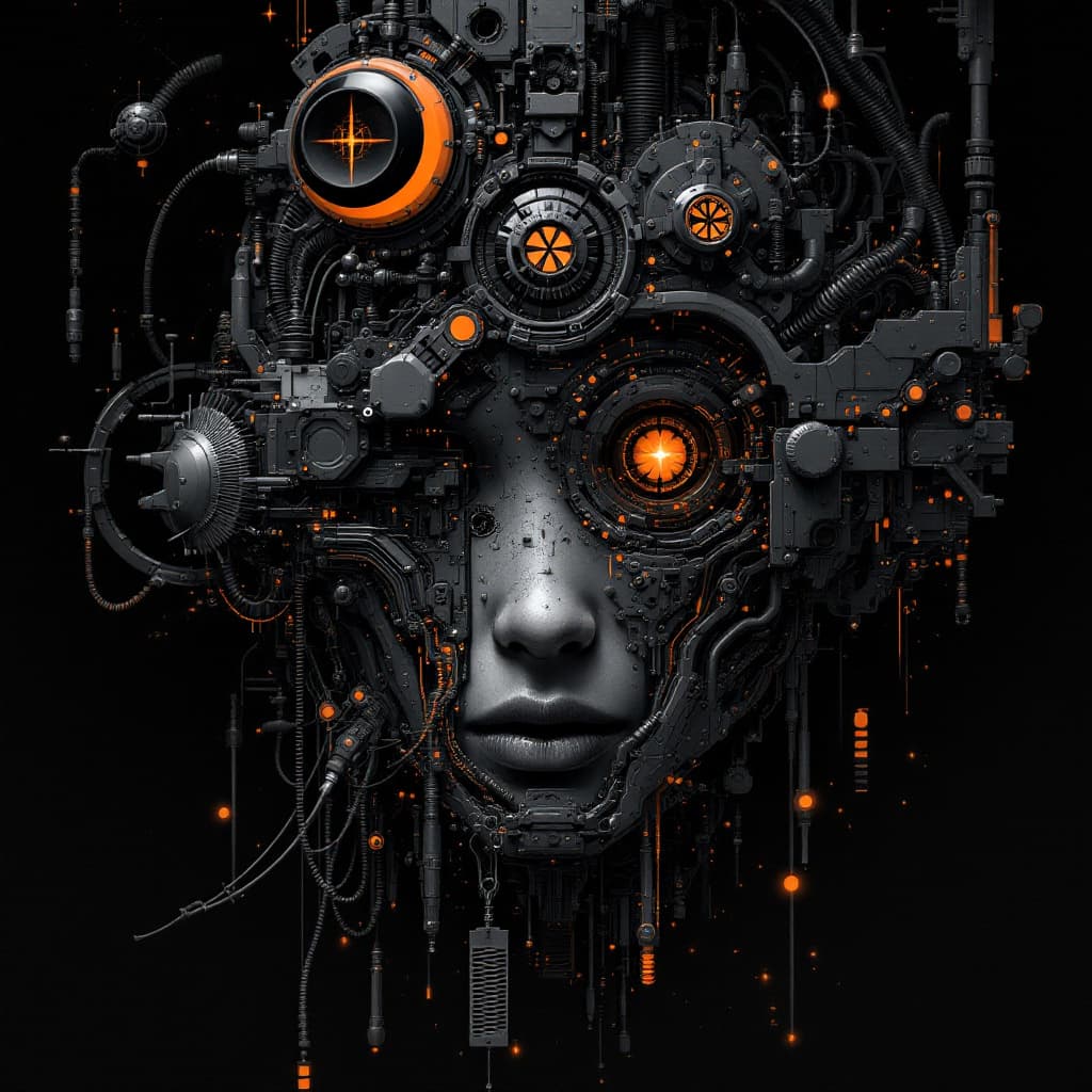 AI generated: artistic, portrait, synthetic human mechanic, complexity with details, empty eye, limited colors are...