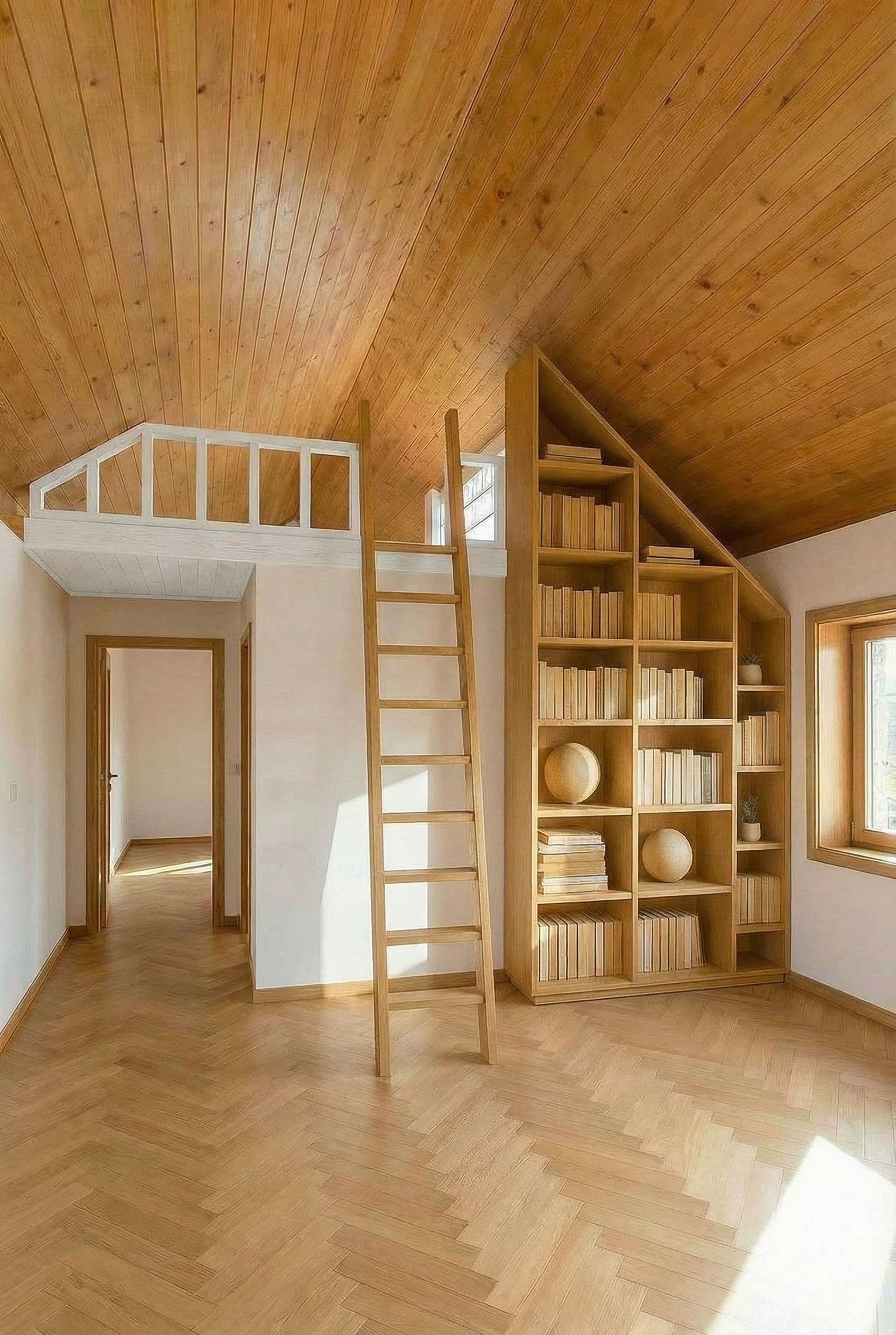 AI generated: puedes hacer que laplanta de arriba sea blanca, no de madera? además añade una escalera y estantería...