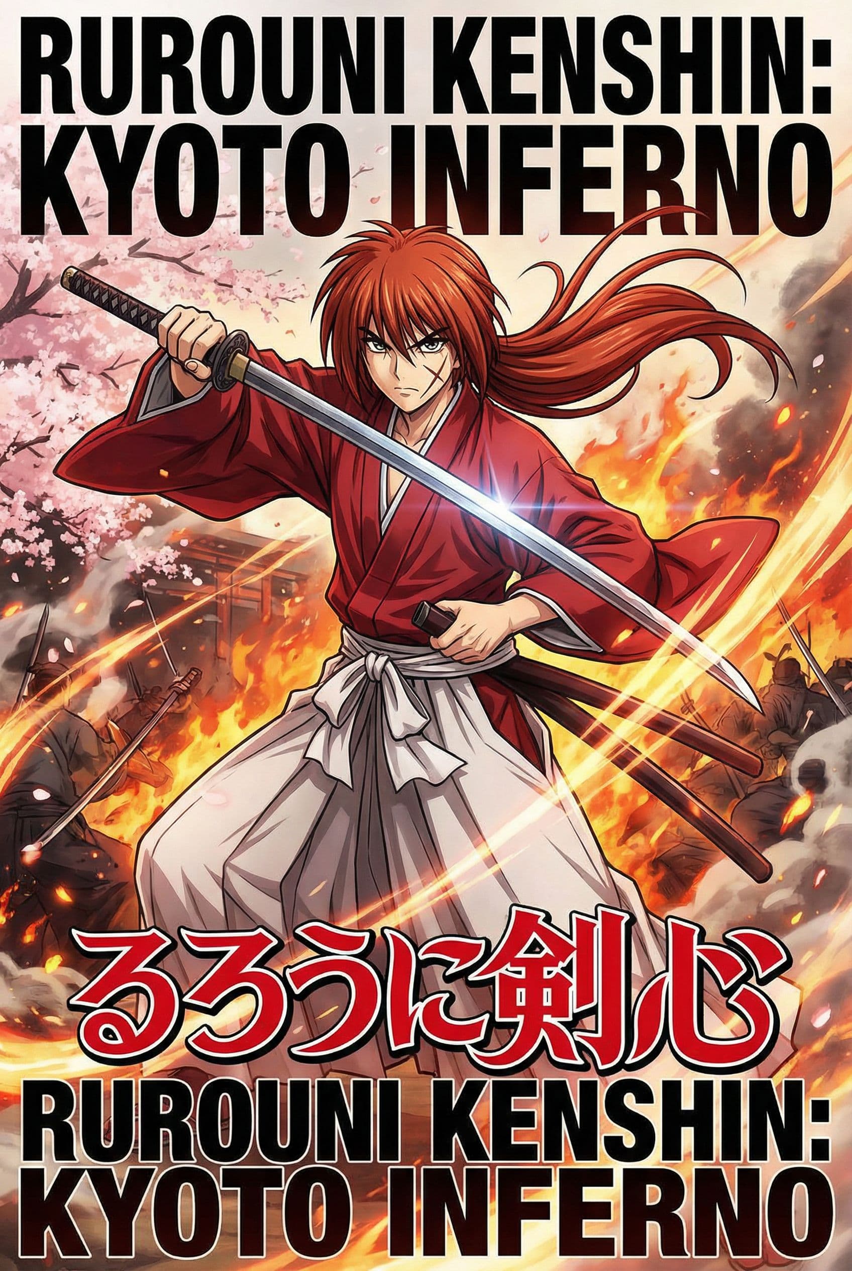 AI generated: anime action movie poster, Himura Kenshin, in the style of Nobuhiro Watsuki --ar 1:2 --stylize 750 -...