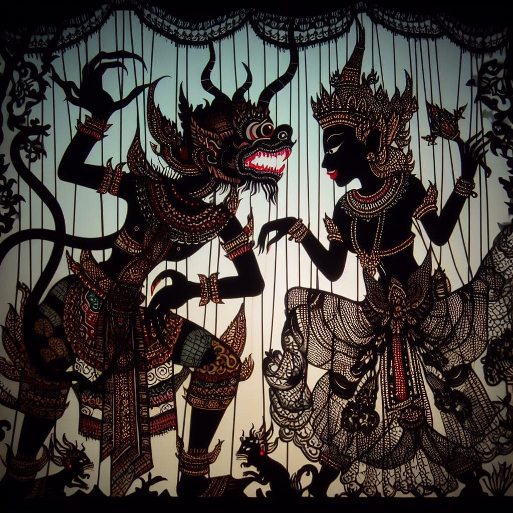 AI generated: Indonesian shadow theater play, figures of a demon and a princess, backlit